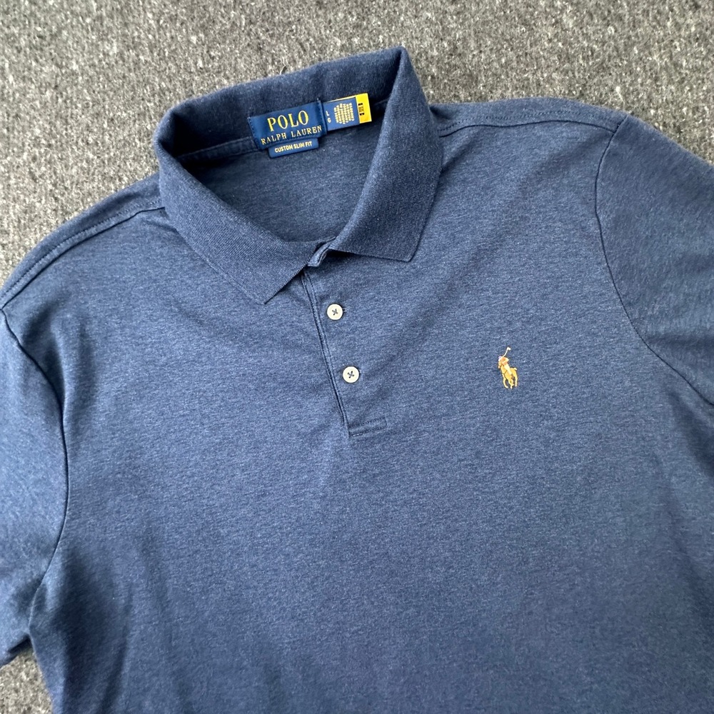 Polo Ralph Lauren Polo Mens L Blue Custom Slim Fit Short Sleeve Heathered Pony